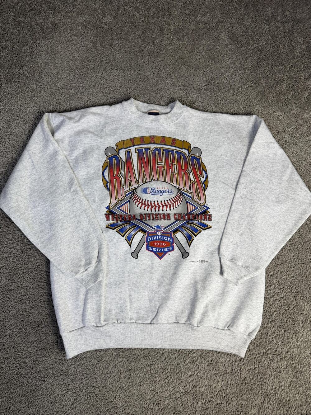 Vintage Texas Rangers Sweatshirt Mens XL Gray 1996 MLB Baseball Red Oak 90s